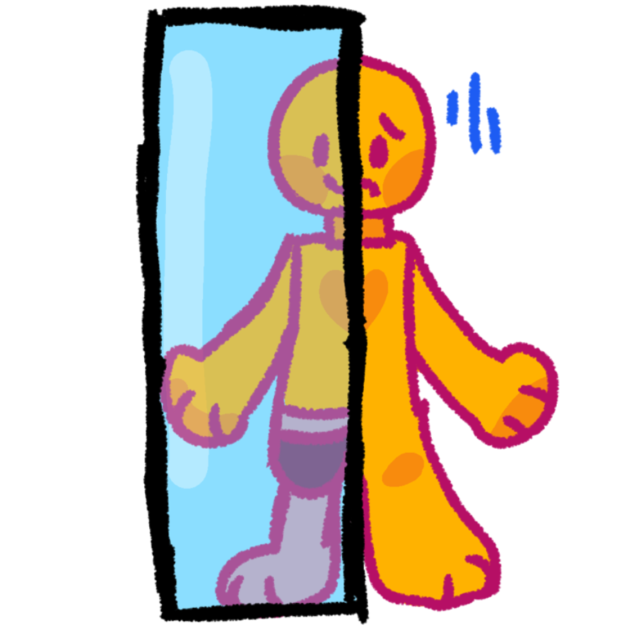 a uncomfortable yellow person next to a black mirror with blue glass. On the reflected half where their reflection should be is a happier yellow person wearing a gray prosthetic leg. There are blue vertical dashes near the person outside the mirror to emphasize their discomfort.